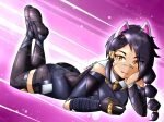  1girl animal_ears ass bandage_on_face bandages black_hair black_legwear cat_ears cat_girl erisa_(fortnite) fortnite highres legs_up looking_at_viewer lying master67silver on_stomach smile 