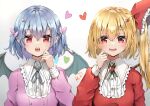  2girls :d bangs bat_wings blonde_hair blush eyebrows_visible_through_hair fangs flandre_scarlet hair_between_eyes hair_ornament hair_ribbon heart highres long_sleeves looking_at_viewer multiple_girls no_hat no_headwear one_side_up open_mouth red_eyes red_ribbon remilia_scarlet ribbon shironeko_yuuki shirt short_hair siblings sisters smile touhou upper_body vest white_background white_shirt wings 