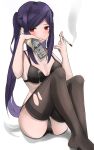  1girl absurdres alternate_costume bangs beer_can black_bra bra breasts can cigarette foam full_body highres holding holding_can holding_cigarette jill_stingray long_hair looking_at_viewer lying pantyhose purple_hair pz-15 red_eyes sidelocks simple_background smoking solo swept_bangs thighhighs torn_clothes torn_legwear twintails underwear va-11_hall-a white_background 