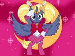  &lt;3 alternate_species badumsquish blonde_hair blue_eyes bottomwear bow clothing cosplay costume crossplay equid equine freckles gesture gloves hair handwear headpiece hi_res horn legwear looking_at_viewer mammal pigtails sailor_moon_(character) sailor_moon_(series) salute skirt star_tracker_(mlp) stockings winged_unicorn wings 