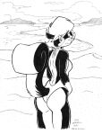  anthro bare_back beach butt clothing eyewear female furgonomics glasses gloves_(marking) hair looking_at_viewer looking_back mammal markings mephitid michael_caddell monochrome multicolored_body one-piece_swimsuit outside partially_submerged raised_tail rear_view sabrina_(sabrina_online) sabrina_online seaside short_hair skunk solo swimwear two_tone_body webcomic 