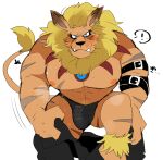  bandai_namco blonde_hair blue_eyes blush bulge caught clothing digimon digimon_(species) exclamation_point genital_outline hair hyaku_(artist) leomon looking_at_viewer male mane muscular nipples pecs penis_outline solo underwear undressing 