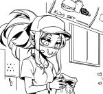  1girl akali bag bangs bracelet breasts burger food french_fries greyscale heart holding holding_bag jewelry k/da_(league_of_legends) league_of_legends long_hair mask mcdonald&#039;s monochrome mouth_mask parted_bangs phantom_ix_row ponytail short_sleeves small_breasts solo upper_body 