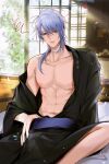  1boy bangs bare_pectorals blue_eyes blue_hair closed_mouth genshin_impact highres japanese_clothes kamisato_ayato male_focus mole nipples open_clothes open_shirt pectorals pnk_crow short_hair simple_background toned toned_male 