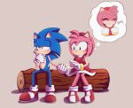  1boy 1girl amy_rose animal_ears boots closed_eyes dress furry furry_female furry_male gloves green_eyes hairband highres male_focus pink_hair red_dress red_footwear red_hairband sega simple_background smile sonic_(series) sonic_the_hedgehog steffy_bs steffybs tail twitter_username white_gloves wood 