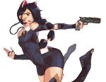  1girl animal_ears bandage_on_face bandages black_hair black_legwear cat_ears cat_girl erisa_(fortnite) fortnite gun hair_over_one_eye highres qmerlem smile weapon 