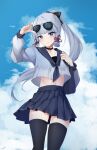  1girl alternate_costume arm_up bag black_choker black_legwear blue_eyes blue_skirt bow choker crop_top crop_top_overhang eyewear_on_head genshin_impact hair_bow hair_ribbon hand_on_eyewear high-waist_skirt highres kamisato_ayaka long_hair long_sleeves looking_at_viewer midriff miniskirt mole mole_under_eye neckerchief pleated_skirt ponytail revision ribbon sailor_collar school_uniform serafuku shoulder_bag skirt smile solo sunglasses sunny721 thighhighs thighs tress_ribbon white_hair zettai_ryouiki 