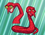 abstract_background black_sclera female gooseworx grin juice_galaxy long_nose monster mrs._slithers multicolored_eyes red_body red_skin reptile scalie sharp_teeth smile snake solo teeth 