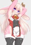  2022 anthro antlers blush breasts capreoline cervid clothed clothing female fur hair happy hi_res horn horokusa0519 kemono legwear long_hair looking_at_viewer mammal multicolored_body multicolored_fur pink_body pink_fur purple_eyes reindeer small_breasts smile smiling_at_viewer solo thigh_highs tona_(kishibe) translated_description two_tone_body two_tone_fur white_body white_fur white_hair 