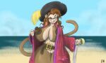 absurd_res anthro beach belt big_breasts blush breasts brown_hair clothed clothing coat ear_piercing ear_ring eyebrows eyelashes fangs female green_eyes hair haplorhine hat headgear headwear hi_res huge_breasts long_hair looking_at_viewer mammal melee_weapon monkey outside partially_clothed piercing pirate pirate_hat pirate_outfit primate raised_eyebrow sea seaside smile solo sword thick_thighs topwear undressing water weapon willikers 