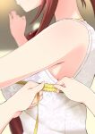  2girls absurdres bra bra_visible_through_clothes breast_focus breasts bust_measuring close-up gajirabute head_out_of_frame highres idolmaster idolmaster_cinderella_girls lace-trimmed_bra lace_trim large_breasts measuring mifune_miyu multiple_girls pov pov_hands red_hair shirt sleeveless sleeveless_shirt tape_measure trainer_(idolmaster) underwear upper_body 