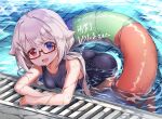  1girl absurdres ahoge animal_ears blue_eyes glasses heterochromia highres kagami_(haret46) open_mouth pool red_eyes school_swimsuit smile swimsuit twintails white_hair yukino_ko_(yukino_shiratama) 