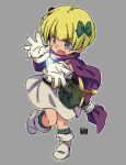  1girl :o bangs belt black_belt blonde_hair blue_eyes boots bow cape commentary_request dragon_quest dragon_quest_v dress eyebrows_visible_through_hair fang full_body gloves green_bow green_legwear grey_background hair_bow hero&#039;s_daughter_(dq5) kneehighs looking_at_viewer mawaru_(mawaru) open_mouth purple_cape simple_background solo standing standing_on_one_leg sword v-shaped_eyebrows weapon white_dress white_footwear white_gloves 