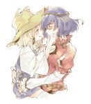  2girls :q bangs blonde_hair blue_hair breasts cropped_legs eye_contact green_eyes hair_between_eyes hair_ribbon hat kiguchiko long_sleeves looking_at_another moriya_suwako multiple_girls profile purple_vest red_eyes ribbon simple_background tears thighhighs tongue tongue_out touhou upper_body vest white_background white_legwear wide_sleeves yasaka_kanako 