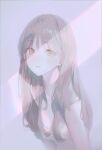  1girl blue_background blush breasts dress eyebrows_visible_through_hair highres light_brown_eyes light_brown_hair light_particles light_rays long_hair looking_at_viewer open_mouth original seol small_breasts solo upper_body white_dress 