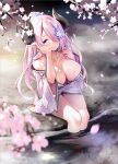  1girl bare_shoulders blue_eyes breasts cherry_blossoms collarbone draph granblue_fantasy hair_over_one_eye highres horns japanese_clothes kimono large_breasts licking_lips light_smile long_hair looking_at_viewer narmaya_(granblue_fantasy) nekomu off_shoulder onsen outdoors pink_hair pointy_ears ponytail sitting soaking_feet solo tongue tongue_out very_long_hair wide_sleeves yukata 