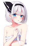  1girl bandages bangs bare_arms bare_shoulders black_hairband black_ribbon blue_eyes blush breasts collarbone commentary_request duplicate eyebrows_visible_through_hair eyelashes eyes_visible_through_hair grey_hair hair_between_eyes hairband hands_up highres konpaku_youmu looking_at_viewer medium_breasts open_mouth pixel-perfect_duplicate ribbon sarashi shinonome_asu short_hair simple_background solo teeth touhou upper_body white_background 
