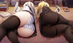  2girls absurdres ahoge ass ass_focus black_legwear black_panties black_ribbon black_skirt blonde_hair blue_panties book cabinet cameltoe carpet cellphone commentary english_commentary facing_away feet_out_of_frame from_behind from_below game_console hair_ornament hair_ribbon highres holding holding_phone huge_ass indoors legs legs_together long_hair lying multicolored_hair multiple_girls niliu_chahui no_shoes on_floor on_side original panties panties_under_pantyhose pantyhose phone playstation pleated_skirt reading ribbon sailor_collar school_uniform serafuku shiny shiny_skin shirt siblings silver_hair sisters skirt smartphone streaked_hair striped striped_panties television thighband_pantyhose thighhighs thighs tokisaki_asaba tokisaki_mio twintails underwear upskirt white_hair white_panties white_shirt 