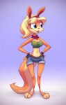  accessory blonde_hair blue_eyes bottomwear breasts clothing female fingerless_gloves gloves hair handwear headband jak_and_daxter mammal mustelid naughty_dog nitro ottsel paws scarf shorts solo sony_corporation sony_interactive_entertainment standing tess_(jak_and_daxter) video_games 