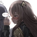  1boy 1girl absurdres armband bald black_jacket blush brown_hair commander_(girls&#039;_frontline) eyebrows_visible_through_hair girls&#039;_frontline highres jacket long_hair nanahosi45 scar scar_across_eye side_ponytail simple_background speech_bubble sweat ump45_(girls&#039;_frontline) whispering yellow_eyes 