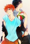  2boys ball belt black_hair blue_hair blue_shirt brown_belt brown_eyes earbuds earphones grin haikyuu!! hand_in_pocket highres hinata_shouyou holding holding_ball jewelry kageyama_tobio looking_at_viewer messy_hair multiple_boys necklace orange_hair shirt simple_background smile tanuki_happa volleyball 