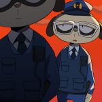  2boys black_necktie brothers collared_shirt daimon_kenshirou daimon_koushirou furry furry_male gizugazu glasses hat looking_at_another male_focus meerkat_boy multiple_boys necktie odd_taxi open_mouth police police_hat police_uniform shirt siblings standing twins uniform walkie-talkie white-framed_eyewear 