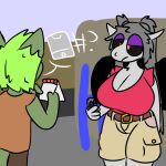  # absurd_res anonymous_character anthro belt big_breasts bottomwear bovid breasts brown_bottomwear brown_clothing brown_pants canid canine canis caprine clothing detailed_background deveddoris dialogue domestic_dog female fur goat green_body green_fur green_hair grey_hair hair hi_res holding_object holding_phone huge_breasts khaki_shorts male mammal notebook octavia_(osimonos) orange_clothing orange_shirt orange_topwear pants phone pink_clothing pink_shirt pink_topwear ponytail question_mark shirt thick_thighs topwear white_body white_fur 