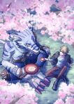  alcohol anthro bandai_namco beverage blonde_hair cherry_blossom digimon digimon_(species) doyahotori duo fur hair hi_res human male mammal matt_ishida plant sake sake_dish sitting striped_body striped_fur stripes weregarurumon 