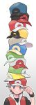  1boy adjusting_clothes adjusting_headwear baseball_cap black_headwear black_shirt blue_headwear blush closed_mouth commentary_request gradient gradient_background green_headwear grey_eyes grey_hair grey_headwear hand_up hat hat_over_hat head_tilt highres looking_at_viewer male_focus outline partial_commentary pokemon pokemon_(game) pokemon_frlg pumpkinpan red_(pokemon) red_headwear red_vest shirt short_hair short_sleeves simple_background solo sparkle spiked_hair stacked_hats sweatband tall_image too_many_hats upper_body vest white_background white_headwear white_outline yellow_headwear 