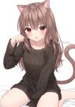  1girl animal_ears anz32 bare_legs barefoot between_legs brown_hair cat_ears cat_girl cat_tail hand_between_legs long_hair long_sleeves looking_at_viewer naked_sweater open_mouth original paw_pose red_eyes sitting sweater tail wariza 