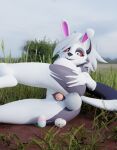  3d_(artwork) anthro big_breasts blender_(software) bodily_fluids breasts buttplug canid canid_demon canine canis demon digital_media_(artwork) egg female frown fur genital_fluids genitals grass hair hellhound helluva_boss hi_res looking_at_viewer loona_(helluva_boss) mammal meadow narrowed_eyes nexiv_foxclaw nipples nude open_mouth oviposition plant plug_(sex_toy) public public_nudity pussy red_sclera sex_toy smile solo tape teeth white_body white_fur 