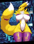  2022 abstract_background accessory anthro areola areola_slip bandai_namco big_breasts bikini black_nose breasts camel_toe chest_tuft clothed clothing digimon digimon_(species) female frown fur furgonomics hi_res huge_breasts legwear maned_lyon midriff multicolored_body multicolored_fur navel nipple_outline renamon skimpy sling_bikini solo standing swimwear tail_accessory tailband thigh_highs tuft two_tone_body two_tone_fur under_boob white_body white_fur yellow_body yellow_fur 