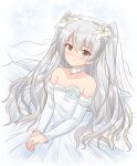  1girl alternate_costume amatsukaze_(kancolle) bridal_veil brown_eyes commentary_request dress flower hair_flower hair_ornament highres icesherbet jewelry kantai_collection long_hair looking_at_viewer one-hour_drawing_challenge ring silver_hair solo two_side_up upper_body veil wedding_band wedding_dress white_dress 