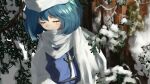  1girl blue_hair blue_vest blush branch closed_eyes commentary covered_mouth eyebrows_visible_through_hair hat highres kajatony lapel_pin leaf letty_whiterock long_sleeves medium_hair scarf shirt snow solo touhou tree upper_body vest white_headwear white_scarf white_shirt 
