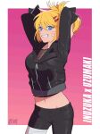  10birthday10 1girl arms_up artist_name blonde_hair blue_eyes border breasts commentary_request cosplay cowboy_shot facial_mark genderswap genderswap_(mtf) gradient gradient_background grin hair_between_eyes highres inuzuka_kiba inuzuka_kiba_(cosplay) korean_commentary looking_at_viewer naruko_(naruto) naruto_(series) naruto_shippuuden navel pants parted_lips pink_background simple_background smile solo teeth two-tone_background uzumaki_naruto watermark whisker_markings white_border 