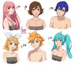  2boys 4girls ahoge aqua_eyes aqua_hair bangs bare_pectorals blue_eyes blue_hair bow breasts brown_eyes brown_hair collarbone curly_hair eyelashes hair_between_eyes hair_bow hair_ornament hairband hairclip hatsune_miku highres kagamine_len kagamine_rin kaito_(vocaloid) long_hair medium_breasts megurine_luka meiko multiple_boys multiple_girls open_mouth parted_lips pectorals piapro pimienta_kast pink_hair pink_lips red_lips short_hair short_ponytail sidelocks small_breasts strapless swept_bangs toned toned_male tube_top twintails vocaloid white_bow 