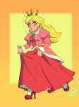  1girl blonde_hair blush breasts crown dress earrings gloves high_heels highres jewelry juliet_sleeves lips lipstick long_hair long_sleeves looking_at_viewer makeup mario_(series) open_mouth princess_peach prototype puffy_sleeves red_dress riz solo 