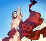  1boy 830_(hamio) armpits ass bara beard black_hair blue_eyes earrings facial_hair golden_kamuy hairy jewelry kiroranke male_focus muscular muscular_male open_clothes pectorals pipe solo topless topless_male 