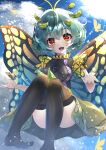  1girl :d absurdres antennae aqua_hair bangs black_legwear blue_sky butterfly_wings cloud dfra eternity_larva fang full_body highres leaf leaf_on_head light_particles light_rays looking_at_viewer open_mouth outdoors red_eyes short_hair short_sleeves skin_fang sky smile solo sun thighhighs touhou wings 