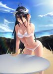  1girl adjusting_hair ahoge albedo_(overlord) bangs bare_arms bare_legs beach bikini black_hair black_wings blue_sky breasts cleavage cloud collarbone day eyebrows_visible_through_hair feathered_wings front-tie_bikini front-tie_top hair_between_eyes horns leaning_forward long_hair medium_breasts navel outdoors overlord_(maruyama) rausu_(undeadmachine) shiny shiny_hair sky slit_pupils solo summer swimsuit very_long_hair white_bikini wings yellow_eyes 