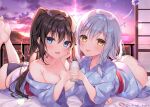  2girls :d :p ass bangs bare_shoulders barefoot black_hair black_panties blue_eyes blue_kimono bottle breasts brown_eyes cleavage cloud commentary_request eyebrows_visible_through_hair floral_print grey_hair hair_between_eyes holding holding_bottle holding_hands interlocked_fingers japanese_clothes kimono long_sleeves looking_at_viewer lying medium_breasts milk milk_bottle multiple_girls obi off_shoulder on_stomach open_mouth original outdoors panties ponytail print_kimono sash shikitani_asuka skindentation smile soles sunset toes tongue tongue_out twitter_username underwear watermark white_panties wide_sleeves yukata 