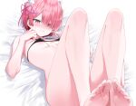  1girl bare_legs barefoot black_bra blush bra clenched_teeth covered_nipples hair_ornament hair_over_one_eye hair_ribbon kuhotaka legs_up lying maid_headdress no_panties on_back pink_eyes pink_hair purple_ribbon ram_(re:zero) re:zero_kara_hajimeru_isekai_seikatsu ribbon short_hair soles solo sweat teeth toes underwear wince x_hair_ornament 