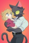  age_difference anthro child clothed clothing domestic_cat duo fangs felid feline felis female gashi-gashi hi_res holding_character human male mammal older_male size_difference young younger_female 