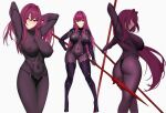 ass bodysuit breasts covered_navel covered_nipples fate/grand_order fate_(series) gae_bolg_(fate) gongba_laoge highres inverted_nipples large_breasts leotard long_hair polearm purple_bodysuit purple_hair purple_leotard red_eyes scathach_(fate) spear very_long_hair weapon 