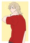  1boy bangs blonde_hair blue_eyes boku_no_hero_academia expression_request from_behind hair_down hair_tie long_bangs looking_back male_focus medium_hair parted_bangs parted_hair red_shirt scrunchie shirt short_sleeves solo t-shirt tama4664amat togata_mirio two-tone_background wrist_scrunchie 