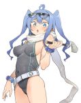 1girl ahoge atage blue_eyes blue_hair blush breasts cameltoe copyright_request covered_navel covered_nipples grey_leotard hammer hand_up holding holding_hammer large_breasts leotard long_hair looking_at_viewer open_mouth parted_lips scarf simple_background solo sunglasses twintails white_background white_scarf wristband 