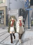  2girls black_legwear boots brown_footwear brown_scarf coat commentary_request cross-laced_footwear dress full_body green_coat grey_skirt highres kantai_collection lace-up_boots looking_at_viewer multiple_girls official_alternate_costume orikoshi_shino pantyhose photo_background pleated_skirt red_sweater ribbed_dress scarf shoukaku_(kancolle) sign skirt standing sweater sweater_vest thighhighs white_coat white_dress white_footwear zuikaku_(kancolle) 