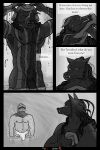  2022 abs absurd_res anthro armor biped blaidd_(elden_ring) blush canid canine canis clothed clothing comic digital_media_(artwork) duke_of_dangers_(artist) elden_ring english_text erection erection_under_clothing fangs fromsoftware genitals greyscale headgear headgear_only helmet helmet_only hi_res human larger_anthro larger_male male mammal monochrome muscular muscular_anthro muscular_male nipples partially_submerged pecs penis pubes size_difference smaller_human smaller_male solo tarnished_(elden_ring) text video_games wet wet_body wolf 