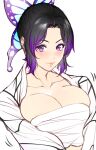  1girl black_hair breasts butterfly_hair_ornament cleavage closed_mouth collarbone hair_intakes hair_ornament kimetsu_no_yaiba kochou_shinobu large_breasts looking_at_viewer multicolored_hair open_clothes open_shirt purple_eyes purple_hair sarashi shirt short_hair simple_background sketch smile solo two-tone_hair upper_body white_background white_shirt zucchini 