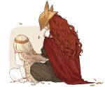  1boy 1girl blonde_hair bracelet braid braiding_hair brother_and_sister cape donar0217 elden_ring facing_away from_behind full_body fur-trimmed_cape fur_trim hairdressing head_wreath helmet jewelry leaf long_hair malenia_blade_of_miquella miquella_(elden_ring) prosthesis prosthetic_arm red_cape red_hair scar scar_on_arm siblings simple_background sitting smile two-tone_background wavy_hair white_background winged_helmet 